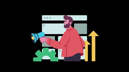 Poster - A European man with a beard holds a megaphone, standing against a background of graphs and icons, representing business growth.