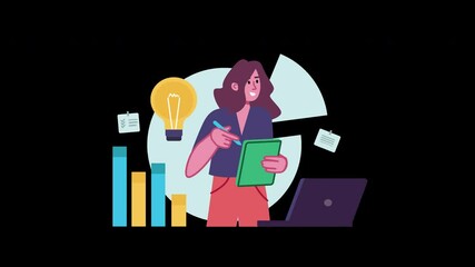 Poster - A European woman working on a tablet with charts and a lightbulb in the background.