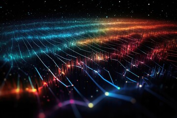 Fototapete - An artistic interpretation of data flowing through colorful networks at night, showcasing vibrant patterns and a cosmic backdrop that enhances the visual complexity and depth of digital information