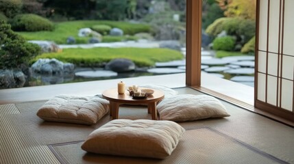 Wall Mural - A cozy corner of a Japanese living room featuring a low table, cushions, and a view of a beautifully landscaped garden through a sliding door.