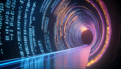 Futuristic data tunnel, digital highway, glowing path, abstract technology background, ideal for tech presentations