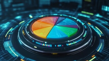 Poster - a dynamic d pie chart rotating on a digital interface, showcasing real-time data analysis with color