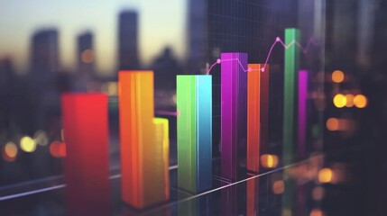 Poster - A dynamic business bar graph illustrating company growth, featuring vibrant bars with upward trends, set against a blurred cityscape background for a corporate vibe.