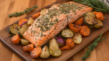 Poster - A flat lay of a gourmet salmon dish featuring herb-crusted salmon with roasted vegetables, beautifully plated and garnished with fresh herbs for an elegant look.