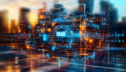 Futuristic digital cityscape interface; data streams flow; city background; tech innovation concept