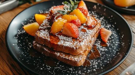 Poster - A flat lay of honey toast stacked high, drizzled with honey and adorned with sliced fruits, served on a dark plate with a natural wooden table underneath.