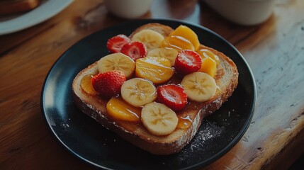 Poster - A flat lay of honey toast stacked high, drizzled with honey and adorned with sliced fruits, served on a dark plate with a natural wooden table underneath.