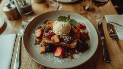 Poster - A flat lay of honey toast with a rich golden crust, topped with fresh fruits and ice cream, arranged beautifully on a light wooden table for an inviting dessert presentation.