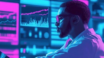 Poster - Analyzing Data Trends: A Focused Data Analyst Studying Financial Charts on Multiple Screens