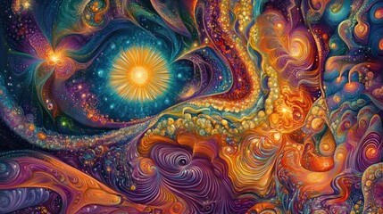 abstract swirling cosmic nebula with vibrant colors and glowing celestial bodies.