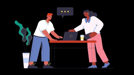 Poster - Two professionals collaborating on a laptop, showcasing a modern and diverse workspace.