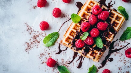 Poster - A minimalist flat lay of a waffle topped with raspberries, chocolate drizzle, and mint leaves, presented on a light grey background with elegant composition.