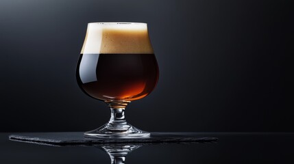 Poster - A minimalist presentation of a dark stout beer in a sleek tulip glass, placed on a black slate table with subtle reflections and soft lighting.