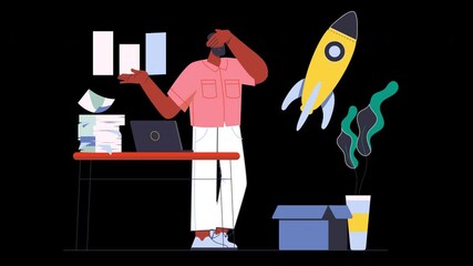 Poster - A frustrated African man at a desk, surrounded by paperwork and a rocket figure, depicting a sense of overwhelm in a creative workspace.