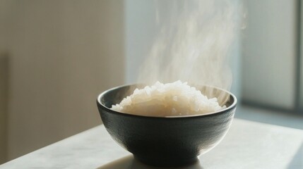 Wall Mural - A minimalist shot of hot steamed rice in a simple black bowl, with steam rising and soft natural light highlighting the texture of the fluffy grains.