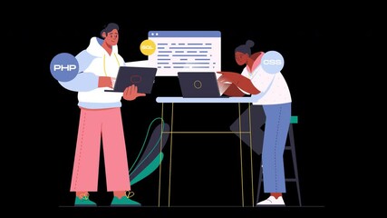 Poster - Two diverse individuals working on programming tasks using laptops and coding languages.