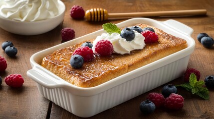 Poster - A rustic presentation of honey toast served with a side of whipped cream and fresh berries, placed on a wooden table with a small honey dipper for a cozy touch.
