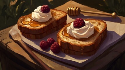 Poster - A rustic presentation of honey toast served with a side of whipped cream and fresh berries, placed on a wooden table with a small honey dipper for a cozy touch.
