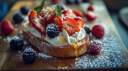Poster - A rustic wooden table with a slice of toasted bread topped with fresh berries and whipped cream, drizzled with honey, creating a delicious and inviting dessert presentation.