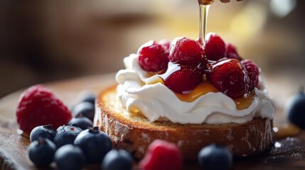 Poster - A rustic wooden table with a slice of toasted bread topped with fresh berries and whipped cream, drizzled with honey, creating a delicious and inviting dessert presentation.