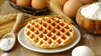 Aufkleber - A single waffle on a white ceramic plate, surrounded by ingredients like flour, eggs, and milk, representing a homemade baking concept.