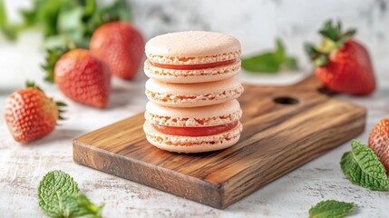 Poster - A stack of strawberry macarons with a soft pink hue, placed on a vintage wooden board, with fresh strawberries and mint leaves in the background.