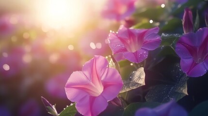 Poster - A stunning view of a field of morning glories adorned with droplets, capturing the freshness of dawn and the beauty of these climbing flowers in bloom.