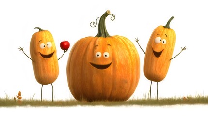 Wall Mural - Three happy cartoon pumpkins and an apple on grass.