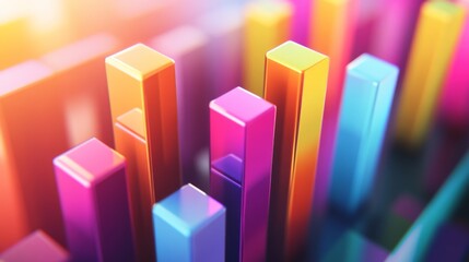 Poster - A top-down view of a D bar graph with gradient-colored bars, illustrating increasing data values, against a soft-focus background of office elements for a corporate feel.