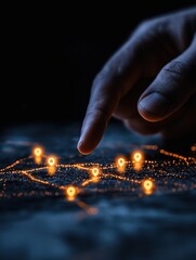 Hand highlights locations on digital map. Local SEO specialist targets geographic areas for online business growth. Modern marketing strategy utilizes tech for higher visibility. Advanced location