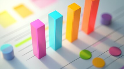 Poster - A top-down view of a D business bar graph with dynamic heights, showcasing various revenue streams, against a white surface with soft shadows for added depth.