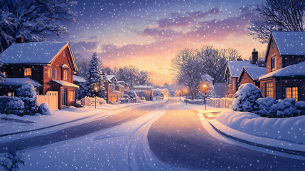 Poster - Tranquil suburban street covered in snow at dusk during winter evening with light snowfall and serene houses winter holiday atmosphere. Duskfall. Illustration