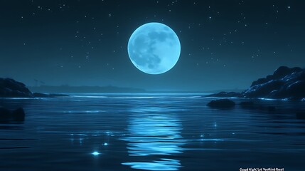 Full moon over calm ocean at night.