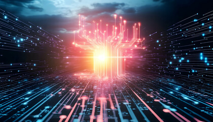 Glowing digital tree in circuit landscape, futuristic technology concept, data network background, ideal for tech websites