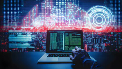 hacker coding on laptop, city background, cybersecurity, data protection