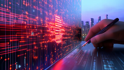 Hand coding digital healthcare innovation; city skyline background; tech solution development