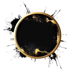 Poster - A circular golden frame encircles a black surface with gold paint splashes and white stylized splatters on a black background.