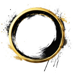 Aufkleber - An abstract artwork featuring a gold ring encircling black and white brushstrokes against a black background.