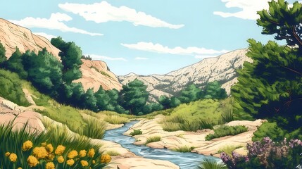 Wall Mural - Serene mountain stream flowing through lush valley.