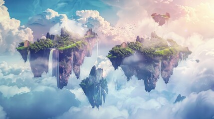 Wall Mural - a surreal dreamscape adorned with floating islands and cascading waterfalls, white space in the center of the page for text, soft and dreamy colors against a backdrop of fluffy clouds