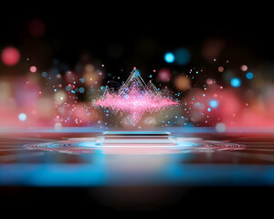 Holographic data projection on phone, vibrant bokeh background, futuristic technology concept, website banner
