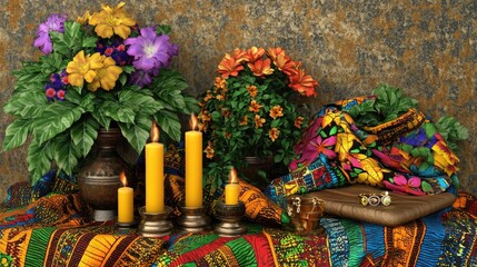 Poster - Vibrant Floral Arrangement with Candles and Colorful Fabric in a Rustic Setting