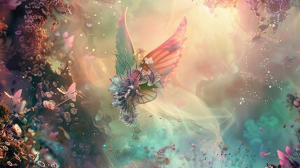 Wall Mural - a surreal dreamscape adorned with whimsical creatures and magical elements, white space in the center of the page for text, vibrant and fantastical hues against a backdrop of swirling mists