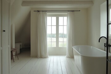 Wall Mural - Serene Minimalist Bathroom with Freestanding Tub and Large Windows in Natural Light