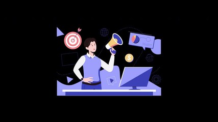 Poster - A European man enthusiastically promotes a marketing concept using a megaphone, surrounded by icons symbolizing business success.
