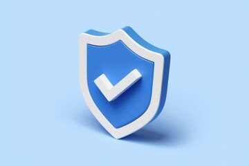 Fototapete - A 3D rendering of a blue shield with a white checkmark, symbolizing security and approval.