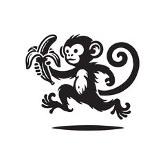 Wall Mural - Monkey holding a banana silhouette vector illustration black color design and solid white background