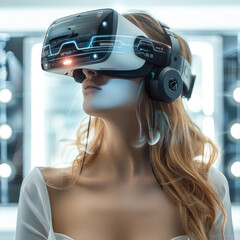 Poster - Woman in Virtual Reality Headset, VR Technology User, Immersive VR Gaming.