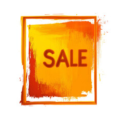 Poster - An abstract image depicting a sale announcement with a bright orange and yellow paint design inside a painted frame against a black background.