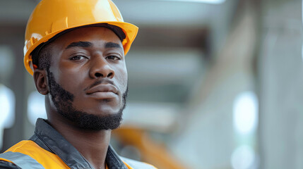 Fototapete - A Black man in a construction outfit, wearing a yellow hard hat.